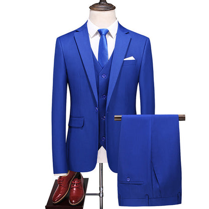 Men's Three-Piece Solid Color Suit for Evening Events, Banquets, or Weddings. Sapphire Blue