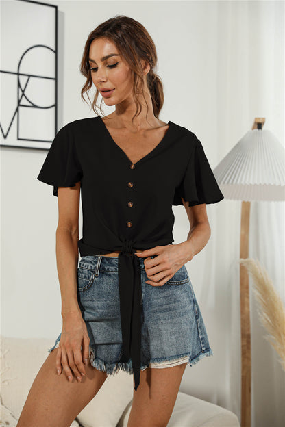 Decorative Button V-Neck Tied Blouse Black