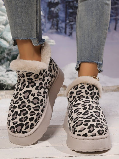 Thermal Leopard Round Toe Platform Boots Beige