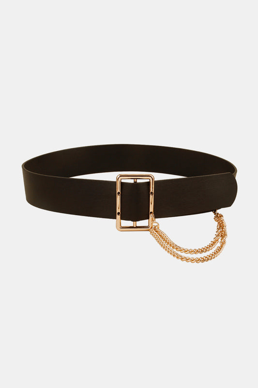 PU Leather Wide Belt with Chain Black One Size