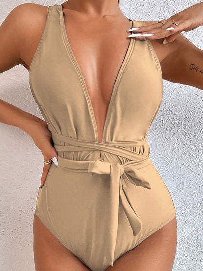 Tied Crisscross Wide Strap One-Piece Swimwear Khaki