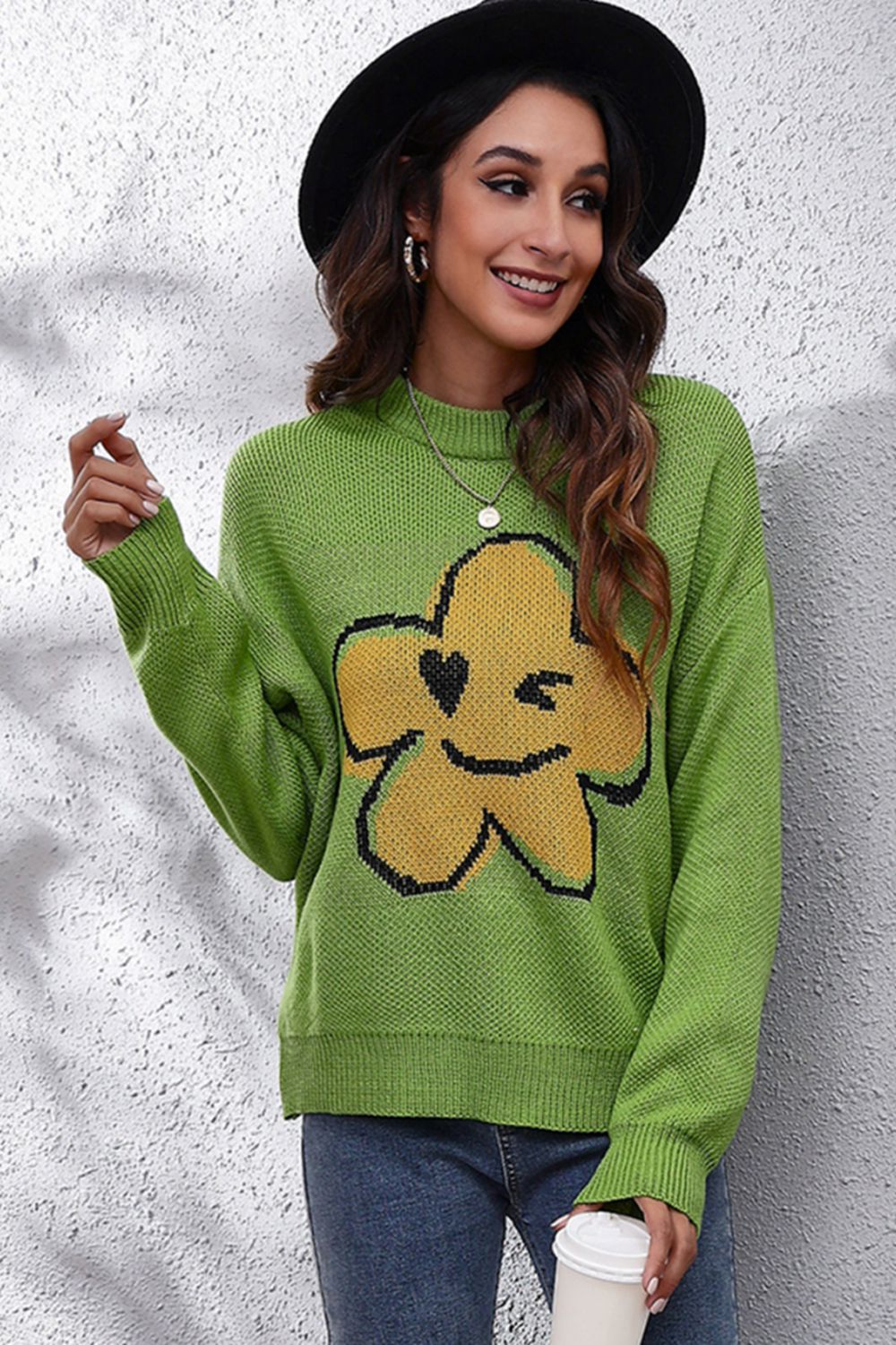 Flower Graphic Drop Shoulder Sweater Yellow-Green