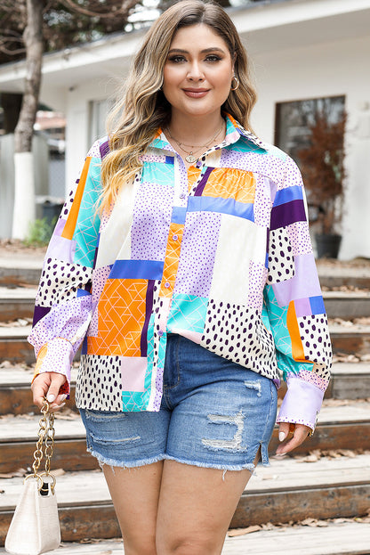 Plus Size Color Block Button Up Collared Neck Shirt Multicolor