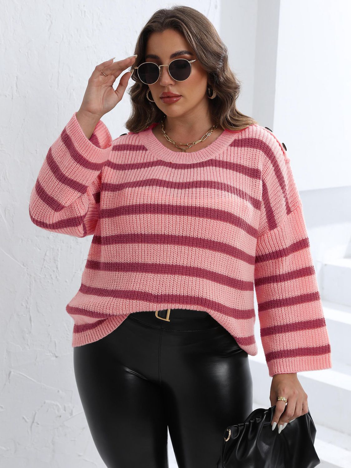 Plus Size Striped Dropped Shoulder Sweater Blush Pink