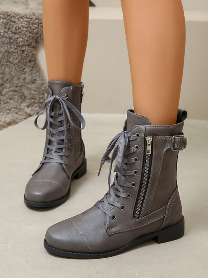 PU Leather Lace-Up Boots Dark Gray