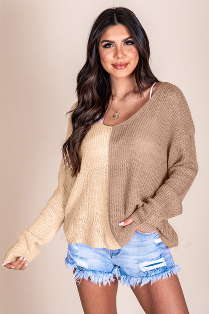 Contrast Color V-Neck Long Sleeve Pullover Sweater Camel