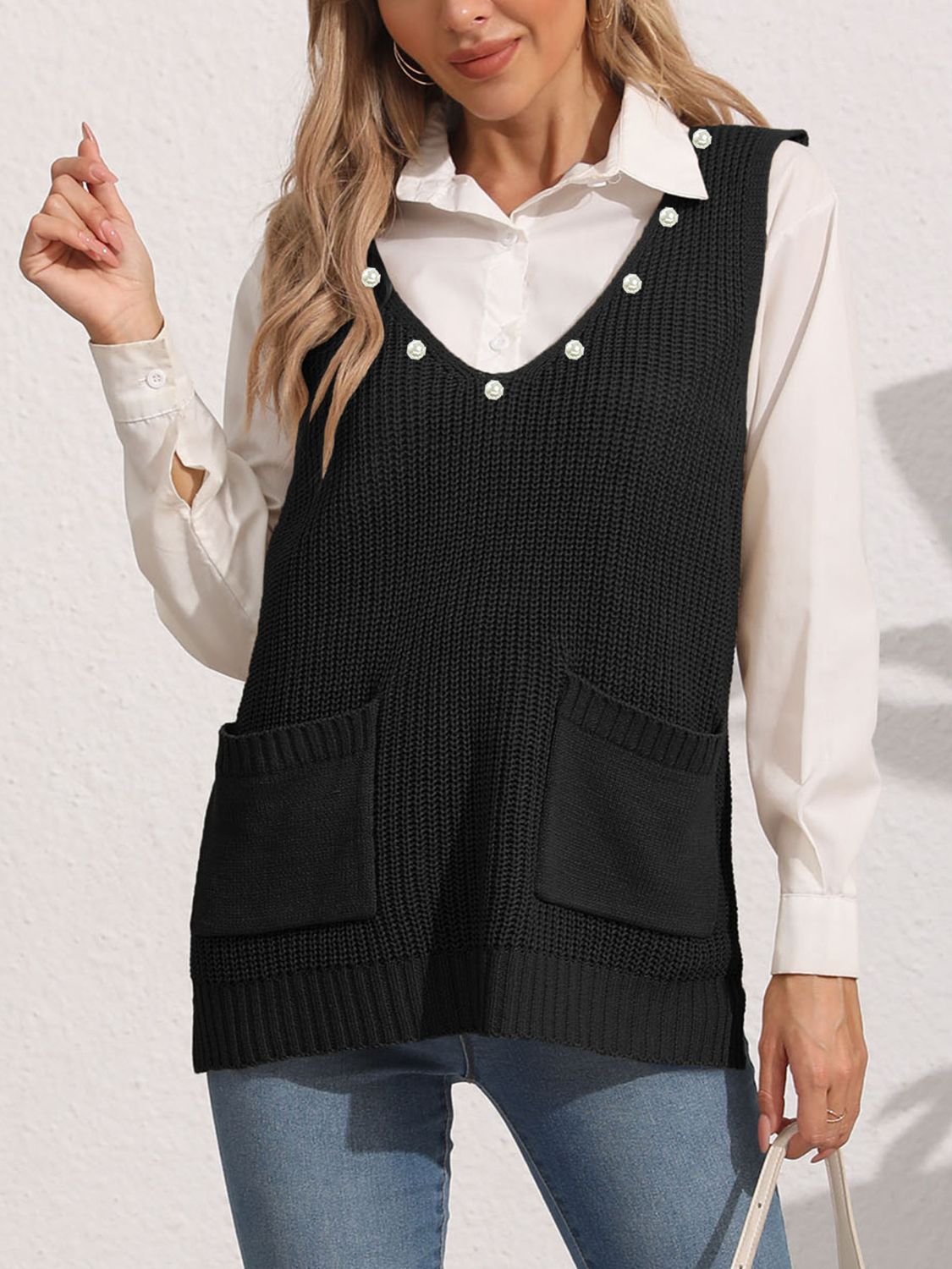 Slit V-Neck Sweater Vest Black One Size