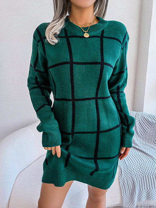 Plaid Round Neck Dropped Shoulder Sweater Dress Dark Green