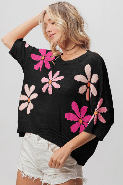 BiBi Floral Pattern Cropped Sweater Black Pink Fuchsia