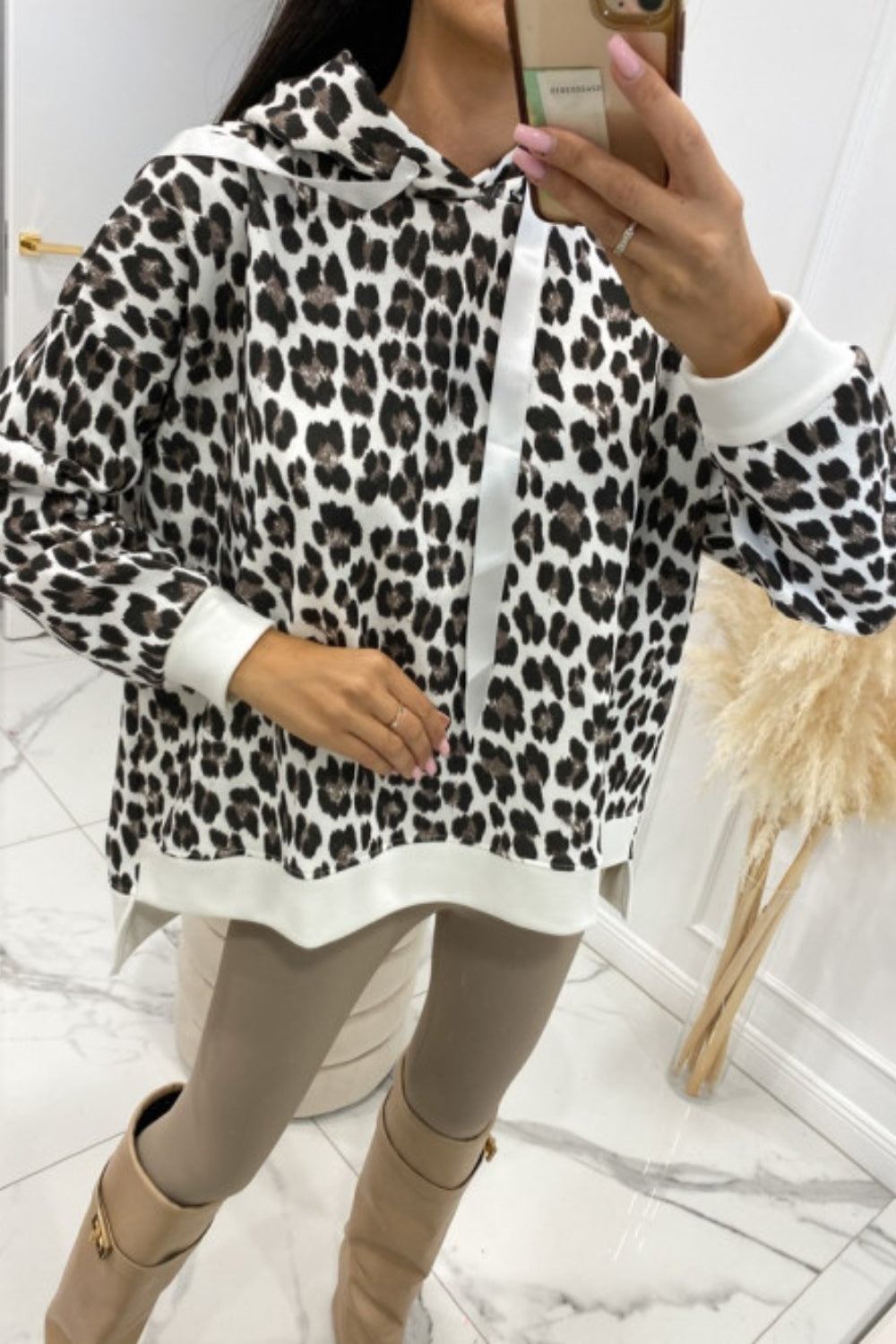 Leopard Dropped Shoulder Hoodie White