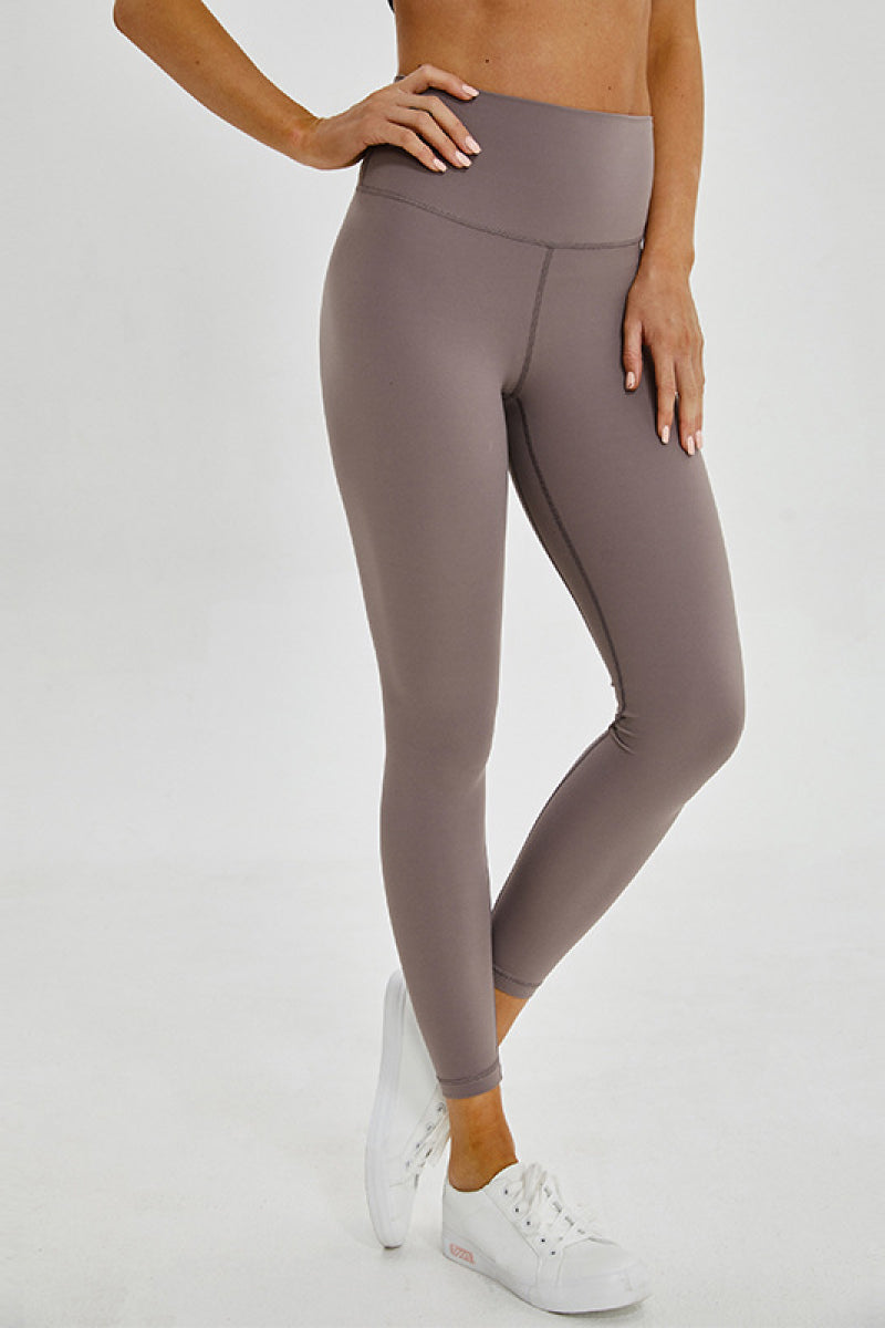 Wide Seamless Band Waist Sports Leggings Brown