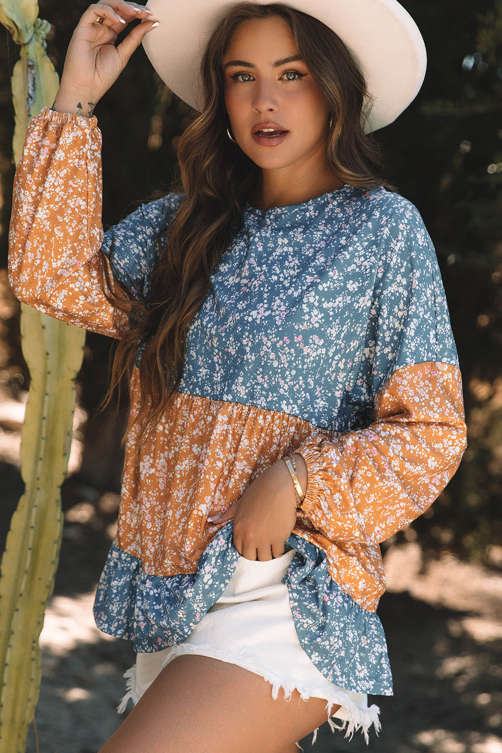 Orange Floral Color Block Ruffled Hem Round Neck Blouse