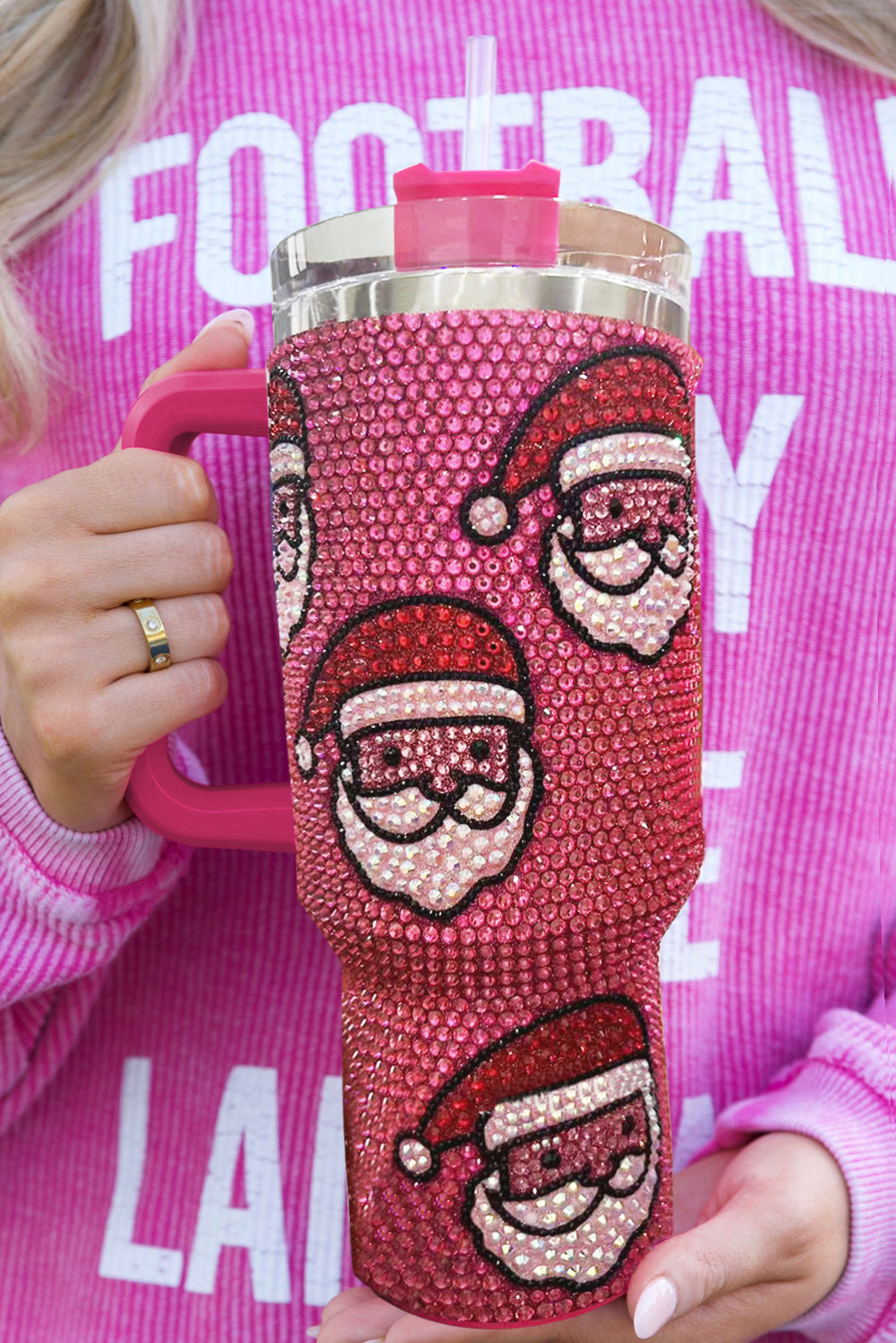 Rose Red Christmas Santa Claus Diamond Thermos Cup with Straw 40oz Rose Red ONE SIZE 100%Alloy