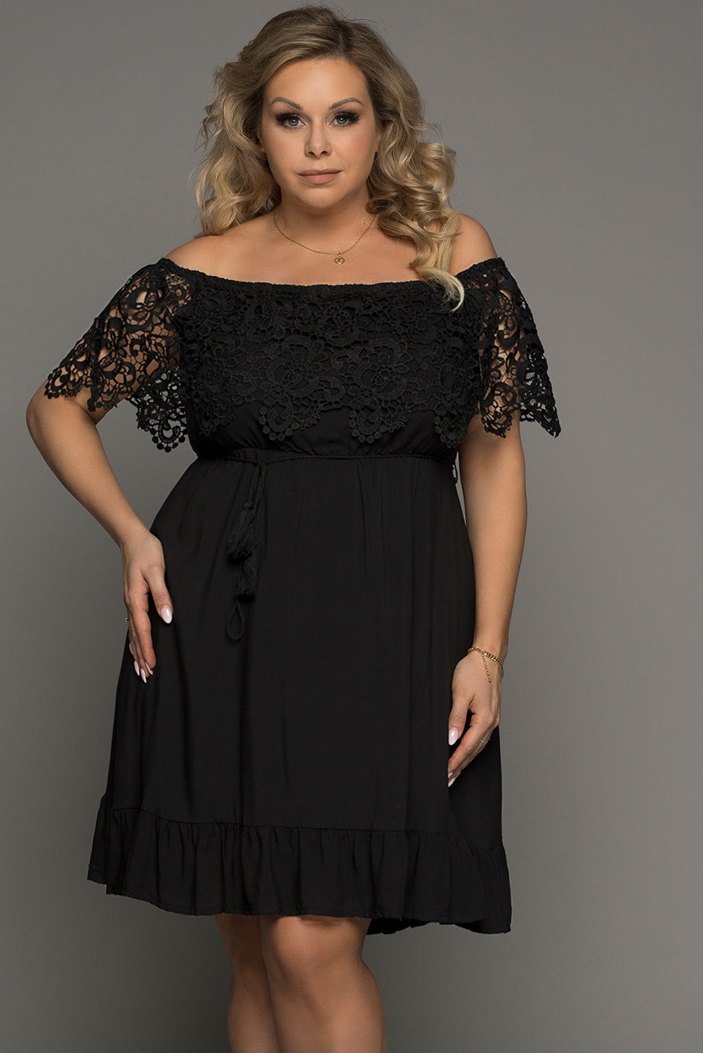 Plus Size Tassel Tie Spliced Lace Off-Shoulder Dress - Thandynie