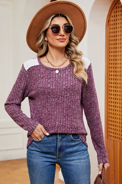 Eyelet Ribbed Round Neck Long Sleeve T-Shirt Lilac