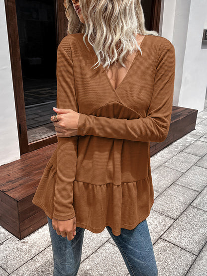 Waffle-Knit V-Neck Long Sleeve Blouse Caramel