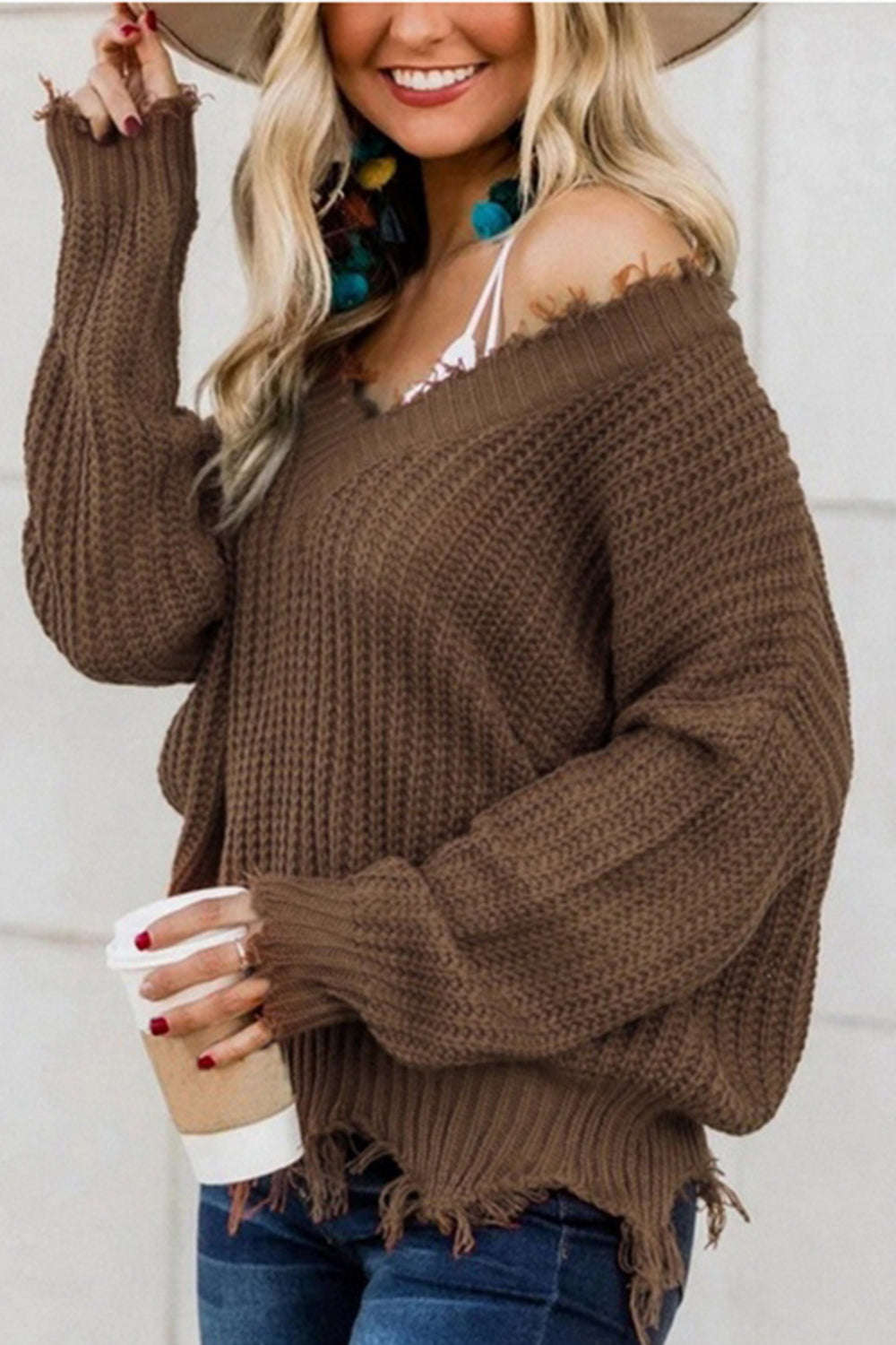 Frayed Hem Dropped Shoulder Sweater Chestnut