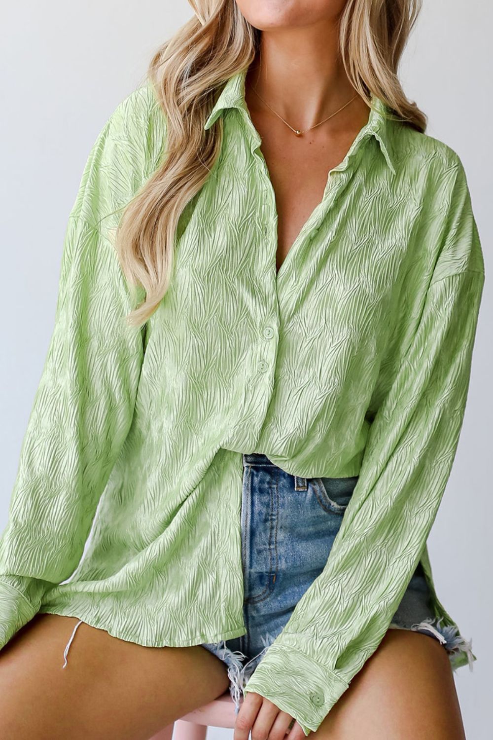 Textured Collared Neck Long Sleeve Shirt Light Green