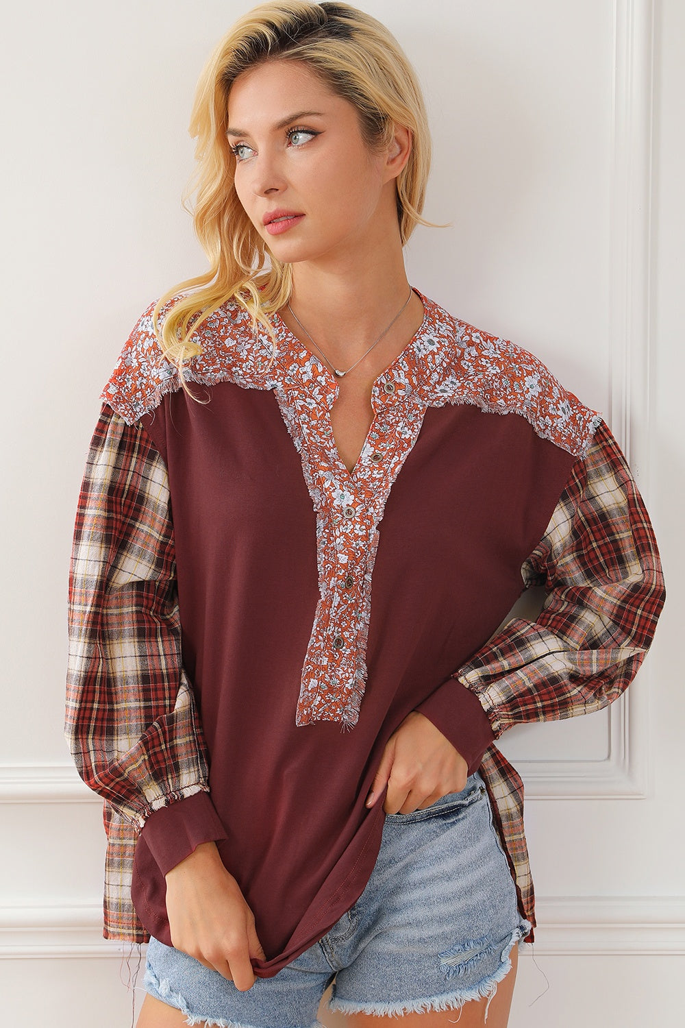 Plaid Notched Neck Slit Blouse | Effortlessly Chic & Comfortable