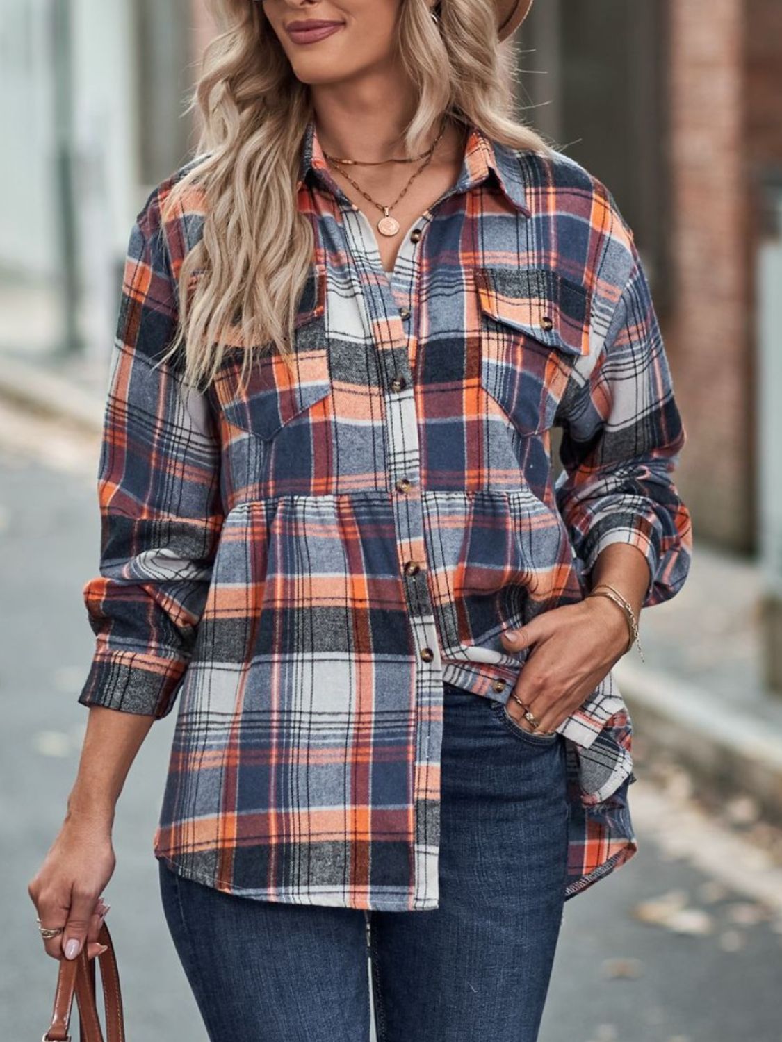 Plaid Button Up Dropped Shoulder Shirt Orange