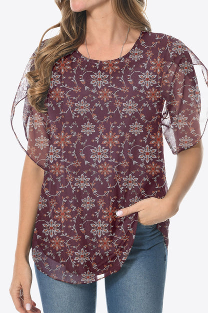 Printed Round Neck Curved Hem Blouse Wine