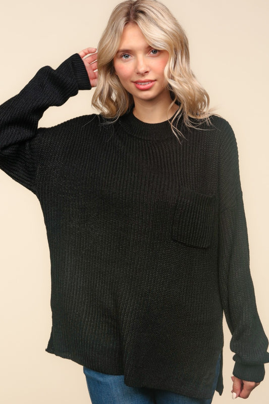 Haptics Mock Neck Side Slit Knit Top Black