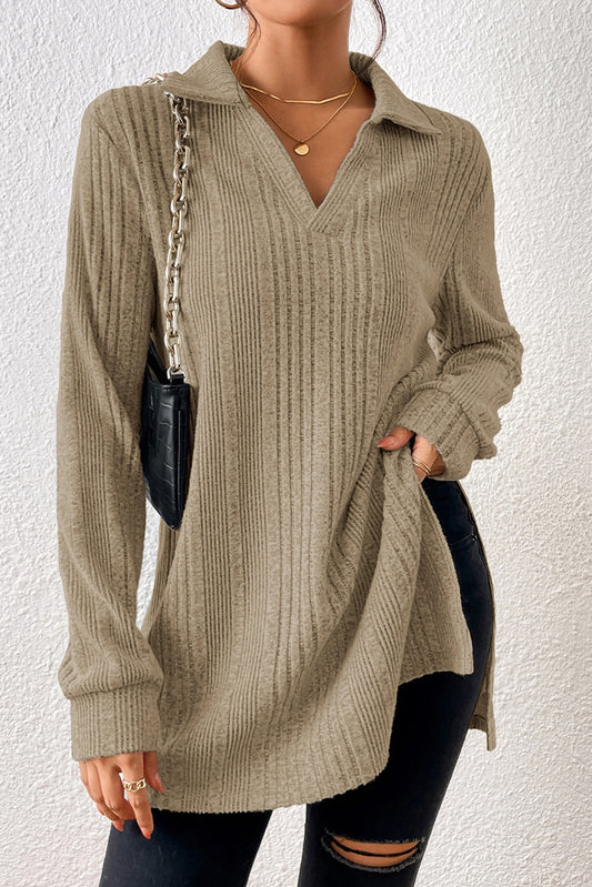 Slit Johnny Collar Long Sleeve Sweater Camel