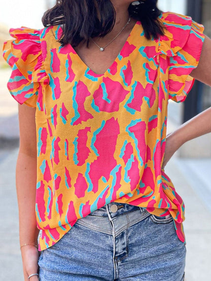 Ruffled Printed V-Neck Cap Sleeve Blouse Multicolor