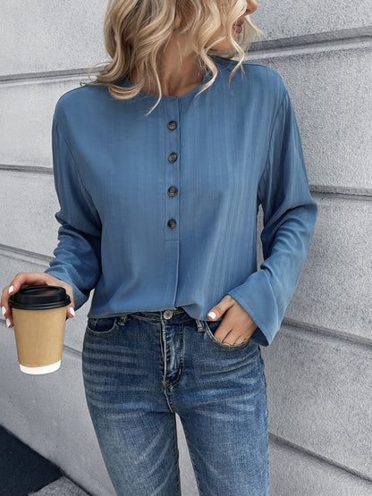 Half Button Long Sleeve Blouse Dusty Blue