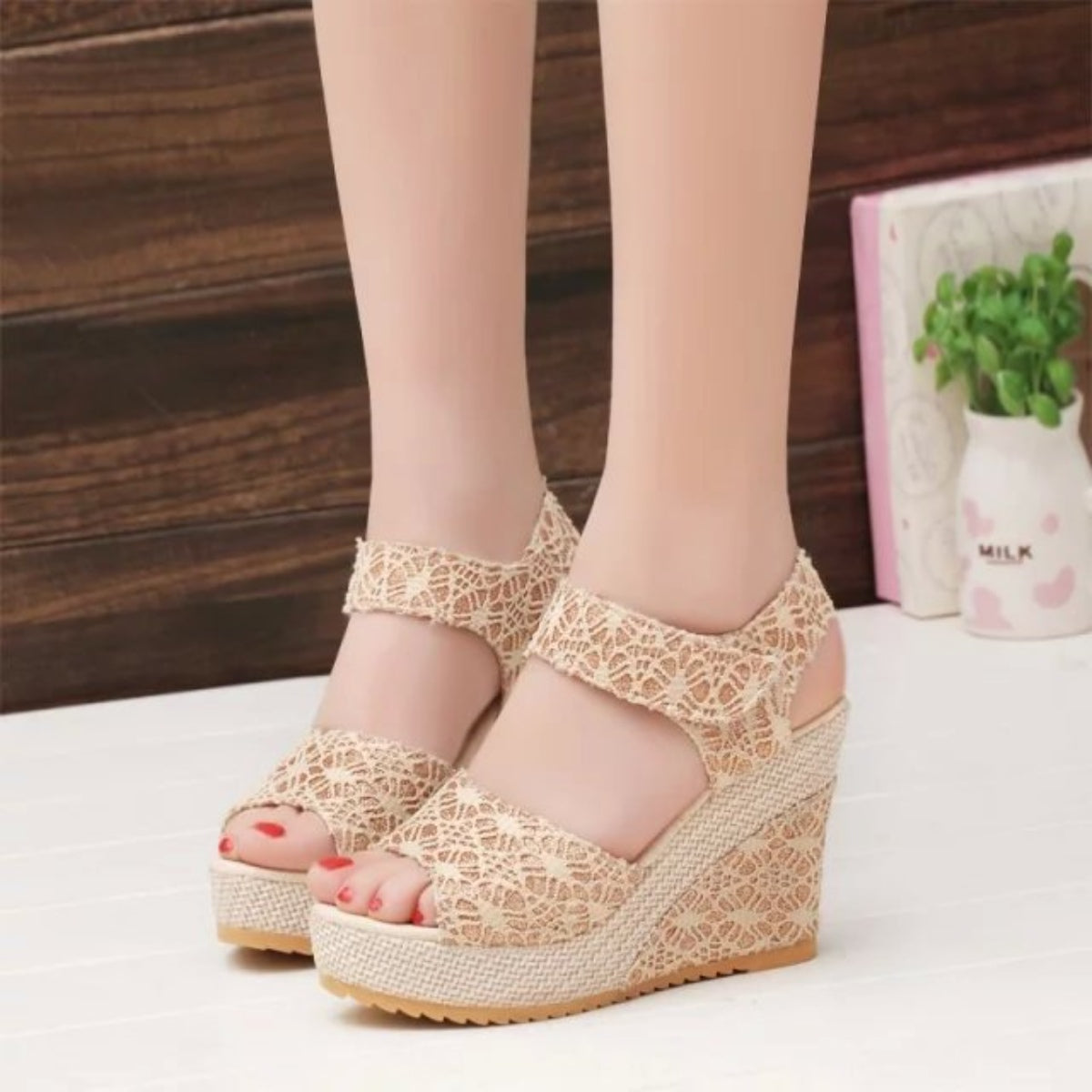 Lace Detail Open Toe High Heel Sandals Light Yellow