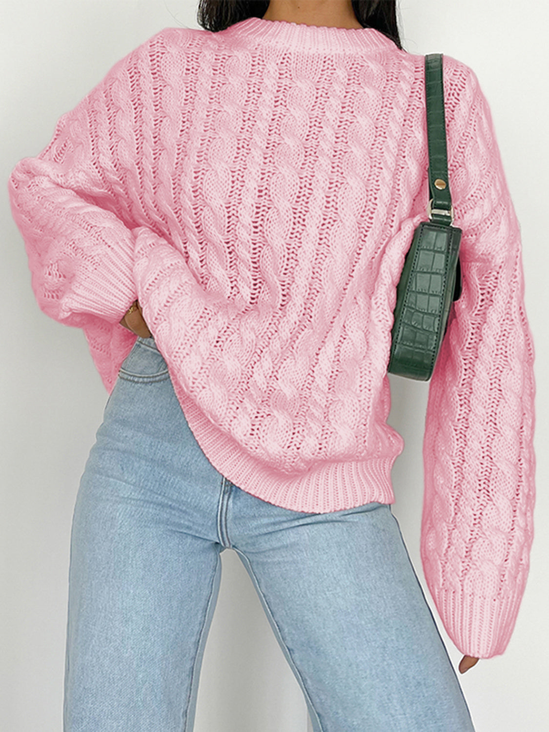 Openwork Round Sleeve Cable-Knit Sweater Carnation Pink