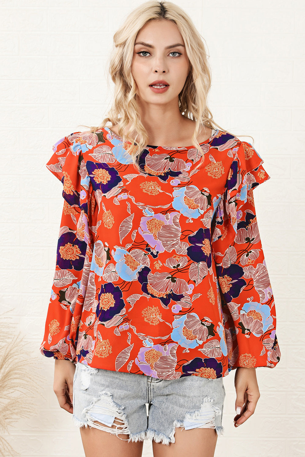 Floral Print Ruffle Puff Sleeve Blouse Red Orange