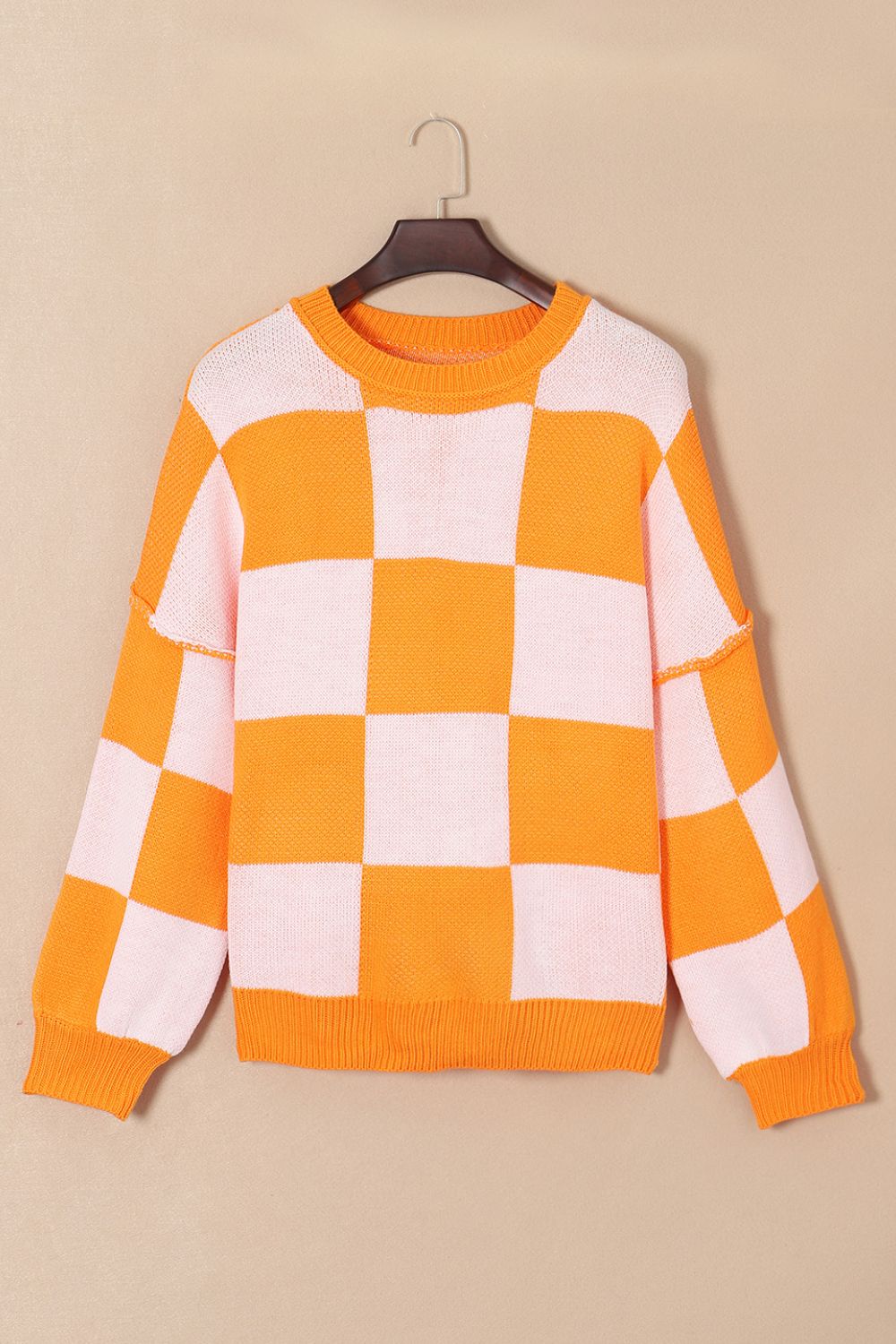 Checkered Exposed Seam Drooped Shoulder Sweater Tangerine