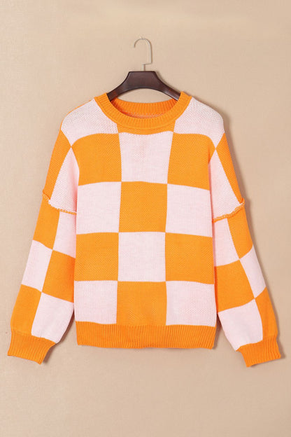 Checkered Exposed Seam Drooped Shoulder Sweater Tangerine