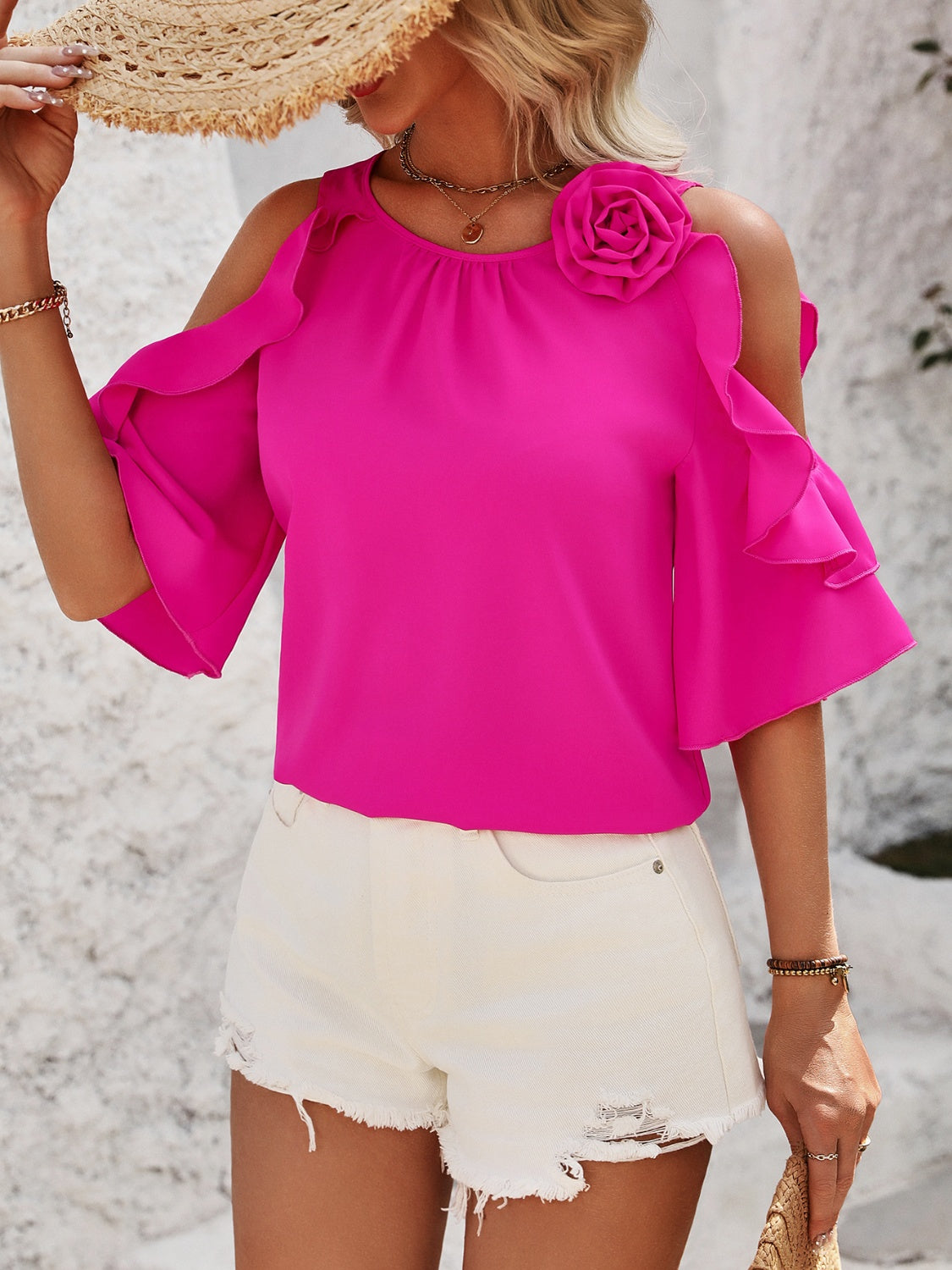 Ruffled Round Neck Half Sleeve Blouse Hot Pink