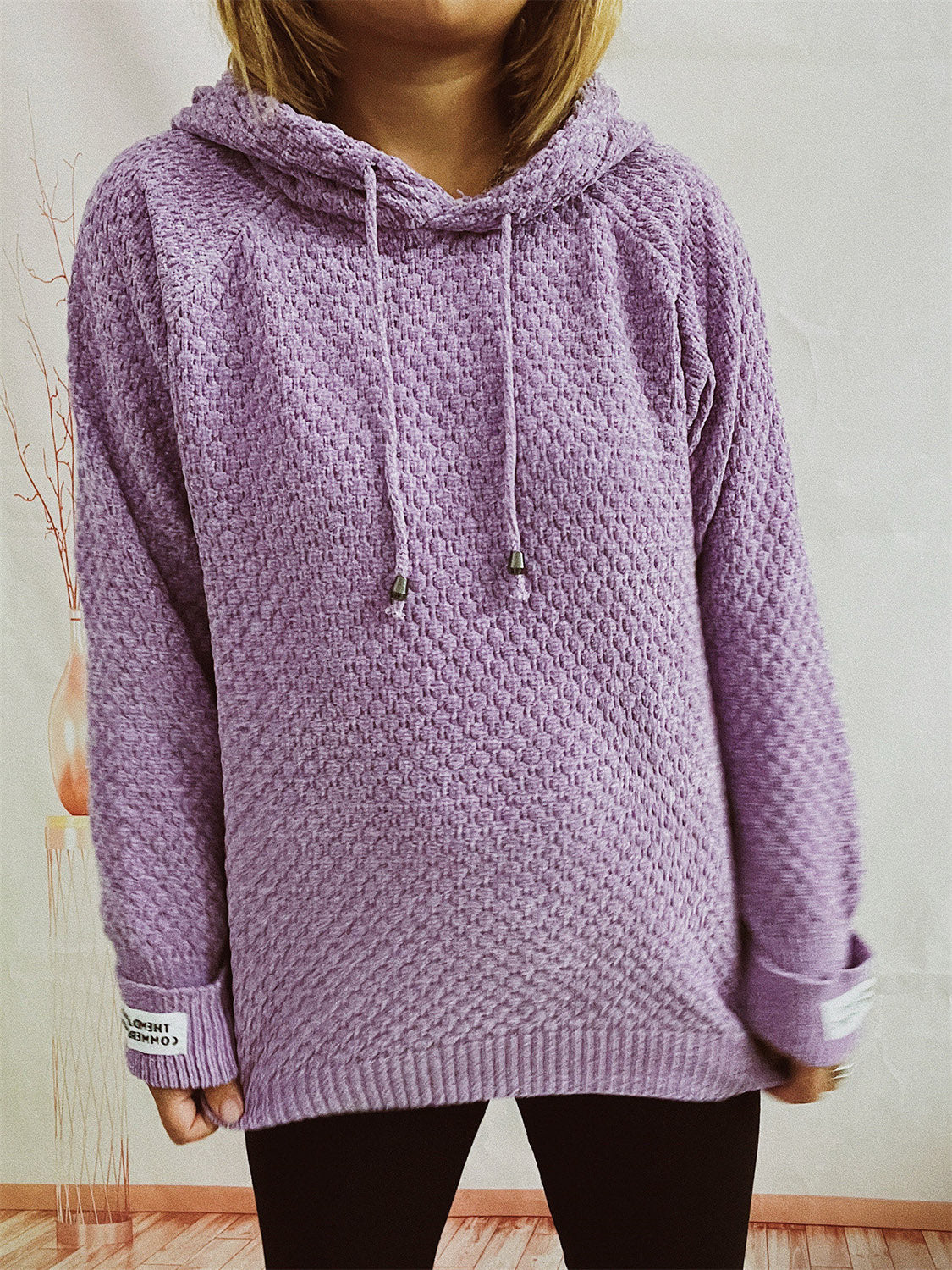 Drawstring Long Sleeve Hooded Sweater Lavender One Size