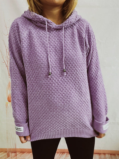 Drawstring Long Sleeve Hooded Sweater Lavender One Size