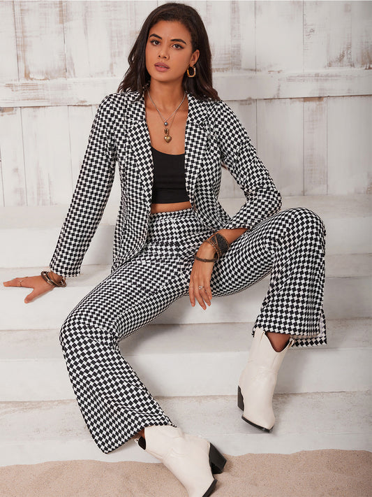 Checkered Blazer & Slit Pants Set Plaid