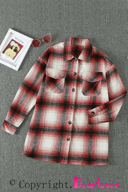 Red Turn down Neck Plaid Pocket Button Closure Coat