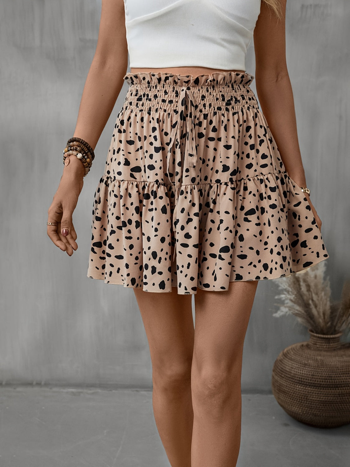 Frill Tied Printed Mini Skirt Khaki