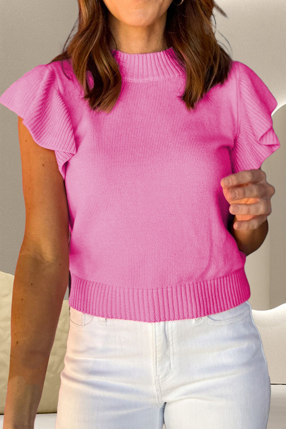 Ruffled Round Neck Cap Sleeve Sweater Fuchsia Pink