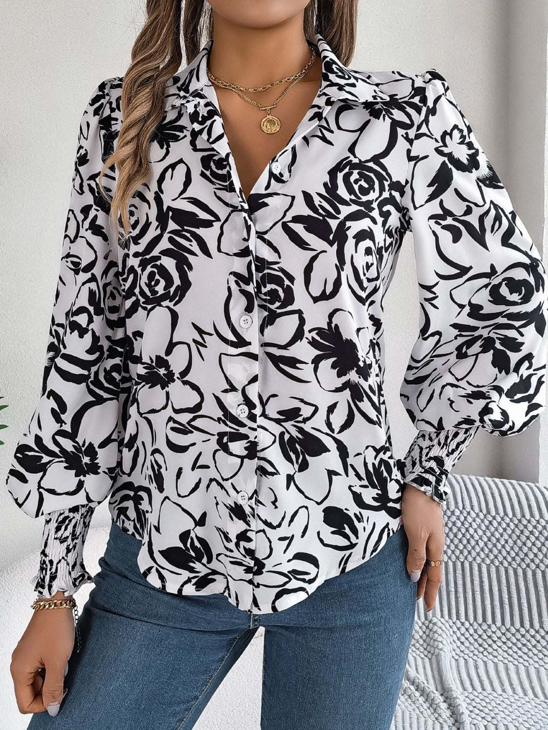 Printed Collared Neck Lantern Sleeve Shirt - Thandynie