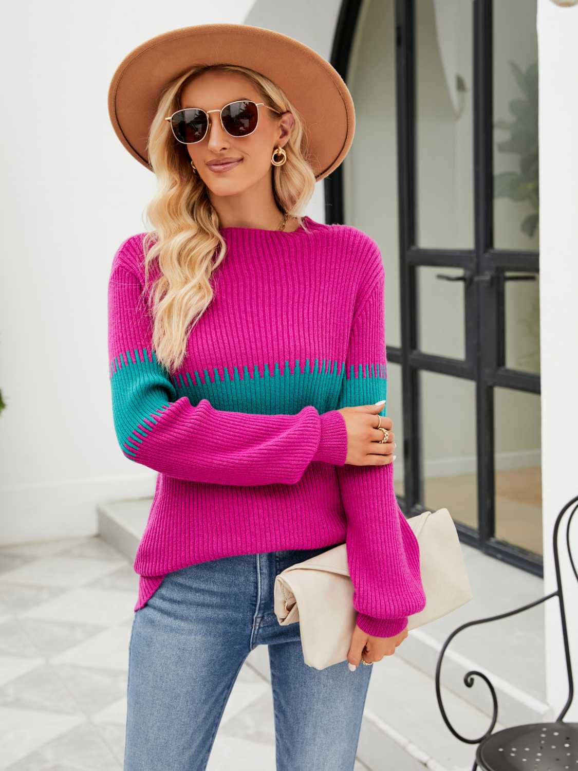 Contrast Round Neck Sweater Hot Pink