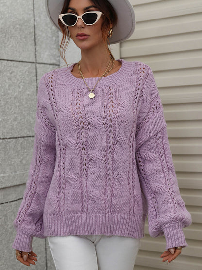 Woven Right Cable-Knit Openwork Round Neck Sweater Lilac