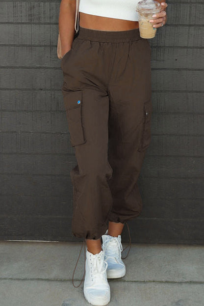 Drawstring Elastic Waist Pants with Pockets Mocha