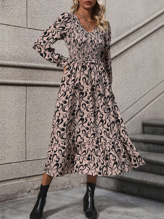 Printed V-Neck Long Sleeve Midi Dress Khaki