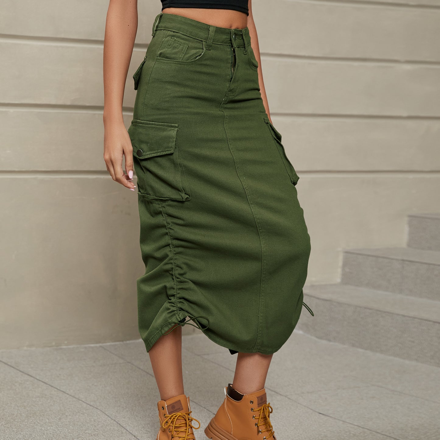 Drawstring Ruched Slit Denim Midi Skirt Army Green