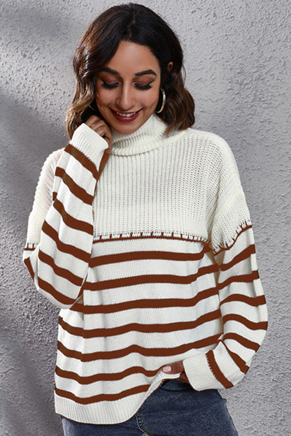 Striped Turtleneck Drop Shoulder Sweater Brown