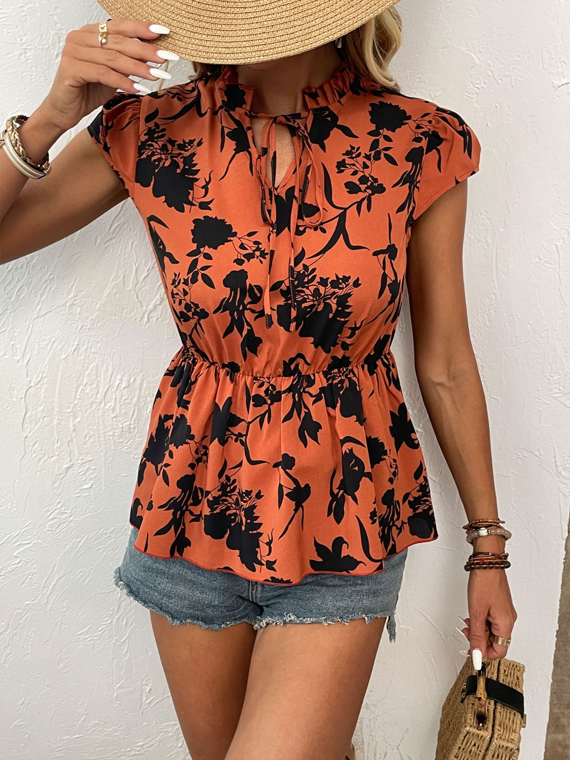 Printed Tie Neck Cap Sleeve Blouse Caramel