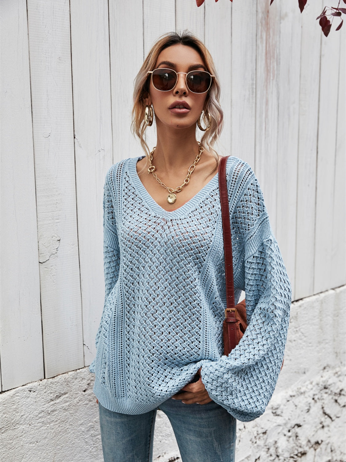 V-Neck Dropped Shoulder Sweater Misty Blue